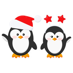 Cute christmas penguin boy and girl couple set isolated on white background