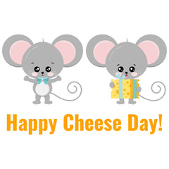 Cute mouse with gift tied with a ribbon piece of cheese congratulates another mouse.