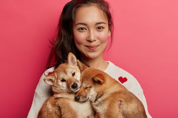 Cropped shot of pretty woman looks gladfully at camera, poses with two small beautiful shiba inu dogs who sleep on her hands, being good friends. Pet care concept. Heart warming photo with animals