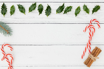 Christmas decorations on white wooden background space for text