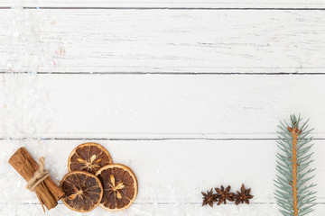 Christmas decorations on white wooden background space for text