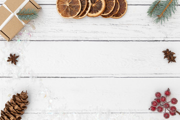 Christmas decorations on white wooden background space for text