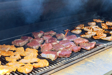 Grilled beef and chicken, salmon steak on the grill with flames