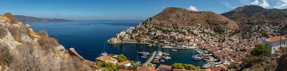 Panorama of pier and town in Hydra Island
