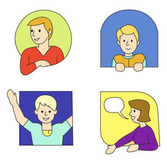 In every window frame, young people are talking. flat design style minimal vector illustration