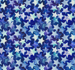 A beautiful multi-layered seamless pattern with glitter stars. Negative painting watercolor technique for festive design. Bright stars at dark blue background.