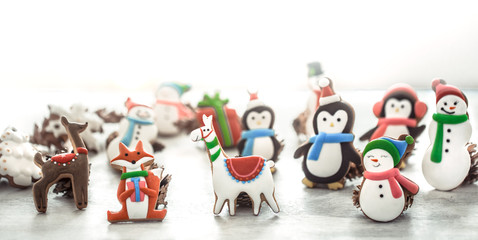 Festive new Year background with lights and gingerbread.