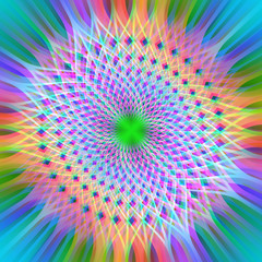 overlapping, radiating curvesin bright rainbow colors