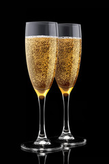 Two elegant glasses filled with golden sparkling champagne isolated on a black background. Design element, clipping path. The concept of a holiday, celebration, christmas, new year.