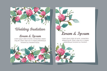 Obraz premium set wedding invitation cards with flowers decoration vector illustration design