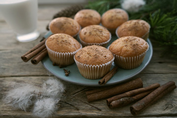 Cupcakes and milk. Sweet breakfast