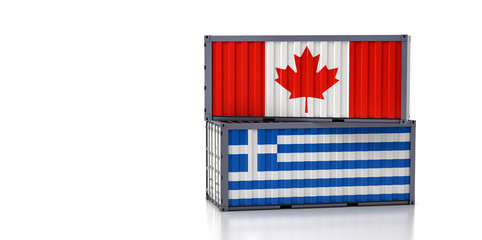 Two freight container with Canada and Greece flag. 3d rendering 