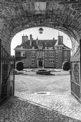 Entrance to the Manor house of Lebioles, Manoir de Lebioles at Creppe, Spa, Belgium, black and white photography