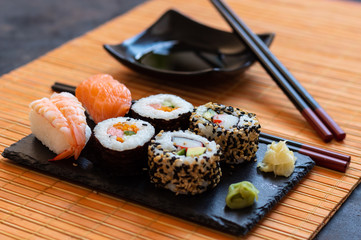 Oriental Japanese food based on sushi, maki, nigiri, unagi, wasabi, rice and fresh fish