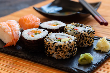 Oriental Japanese food based on sushi, maki, nigiri, unagi, wasabi, rice and fresh fish