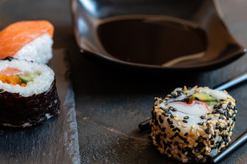 Oriental Japanese food based on sushi, maki, nigiri, unagi, wasabi, rice and fresh fish