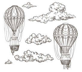 Two retro air balloons between clouds, sketch © nurofina