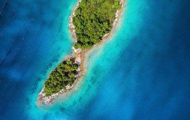 Islands with trees in the middle of the sea. Turquoise water in the Mediterranean Sea. Summer landscape in Croatia from the air.