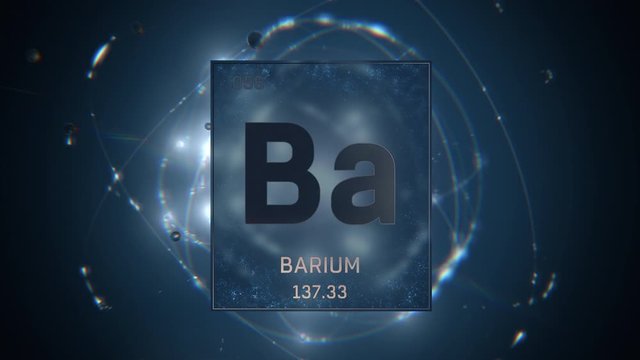 Barium as Element 56 of the Periodic Table. Seamlessly looping 3D animation on blue illuminated atom design background with orbiting electrons. Design shows name, atomic weight and element number