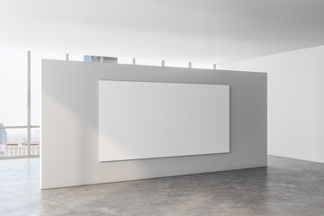 Contemporary gallery interior with banner