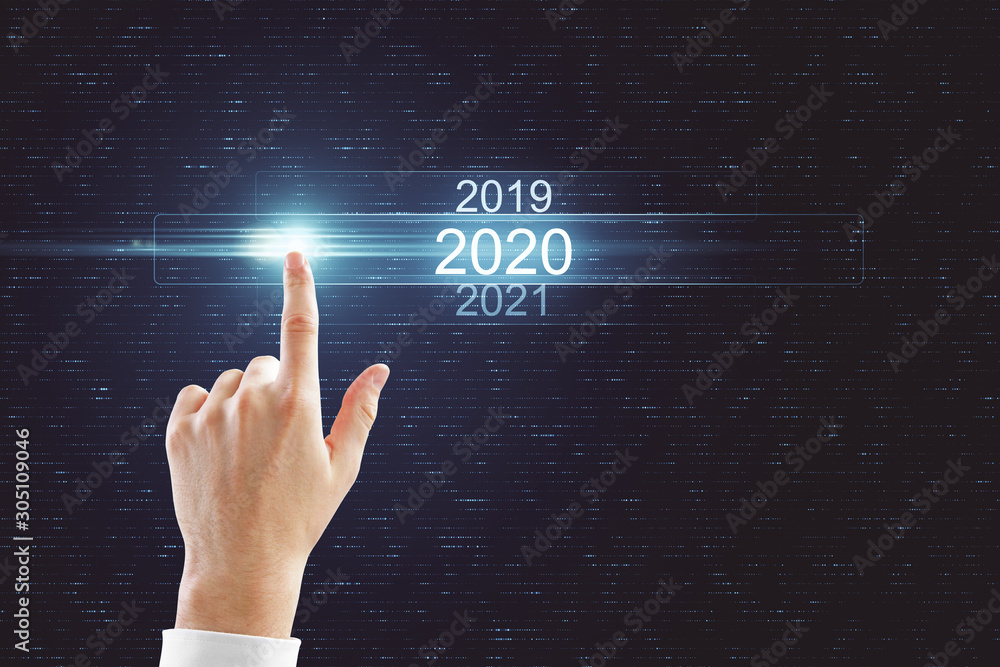 Poster hand pointing at digital 2020 touchscreen
