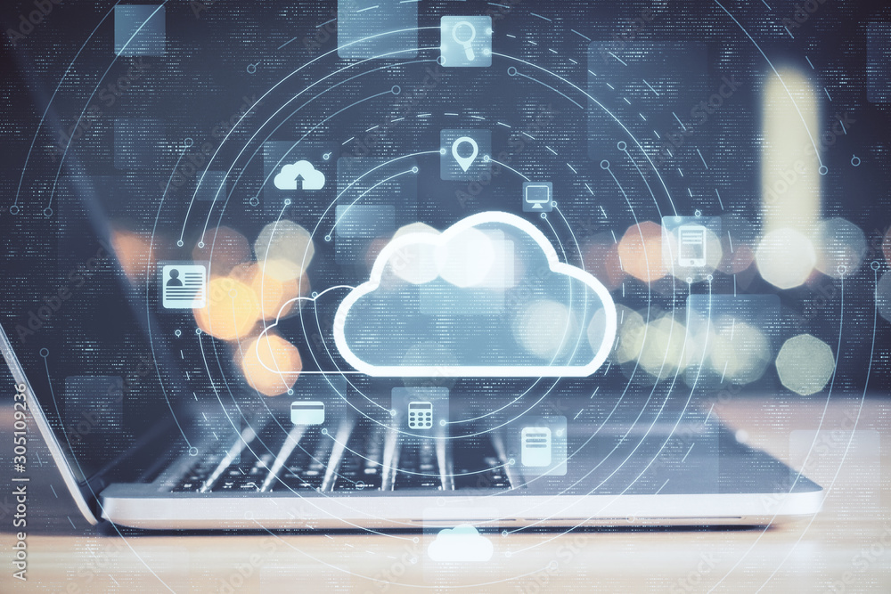 Poster laptop with cloud computing diagram