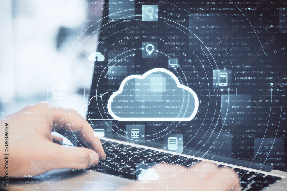 Poster hand using laptop with cloud computing diagram