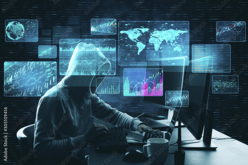 Aufkleber hacker at desktop using laptop