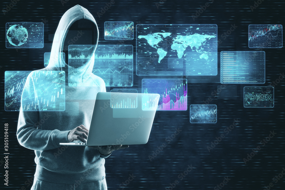 Poster Hacker using laptop with business interface