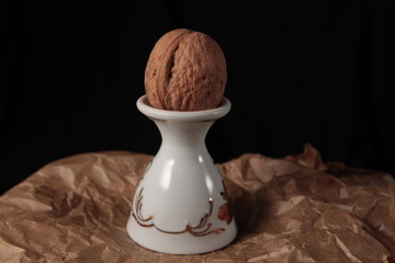 Walnut on white ceramic stand on kraft paper and dark background under studio lighting