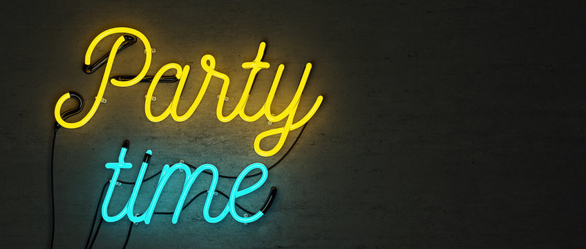 Neon sign, party time, mock-up with free space on the right side, 3d render, 3d illustration
