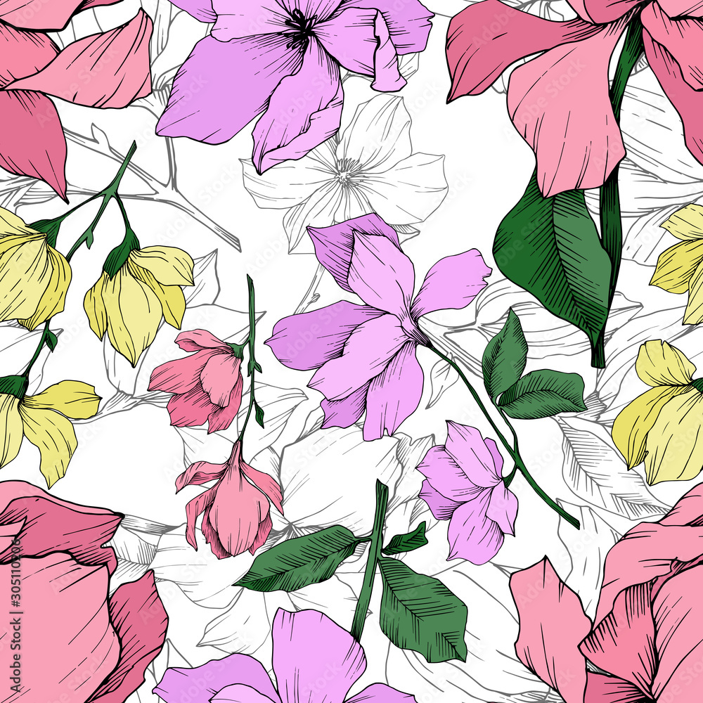 Wall mural vector magnolia floral botanical flowers. black and white engraved ink art. seamless background patt