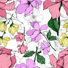 Vector Magnolia floral botanical flowers. Black and white engraved ink art. Seamless background pattern. - 305110206