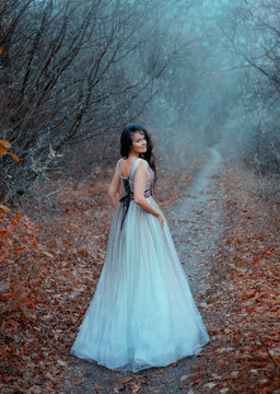 Attractive mystery lady in forest walks along path enjoying nature. First snow is falling. Meeting of autumn and winter. Foggy day frost on tree branches orange leaves on ground. Blue lush long dress