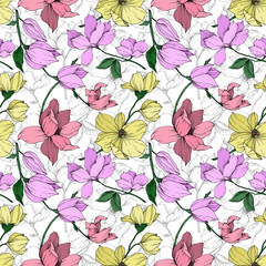 Vector Magnolia floral botanical flowers. Black and white engraved ink art. Seamless background pattern.
