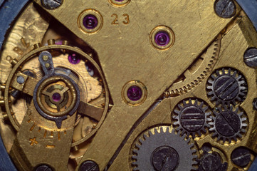 The mechanism of a wrist mechanical watch close-up.