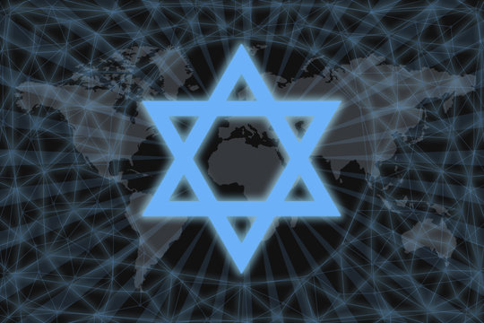 Symbol Israeli Star of David with modern design. With a dark background and a world map. Graphic concept for your design. web