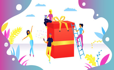 Birthday Surprise Celebration Concept. Peoples near Surprise Box, Suitable for landing page, ui, web, App intro card, editorial, flyer, and banner.