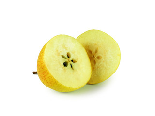 Ripe halved yellow pear, cross section with seed, isolated on white background