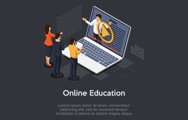 Online education isometric concept, laptop with teacher, internet course for learning on home.