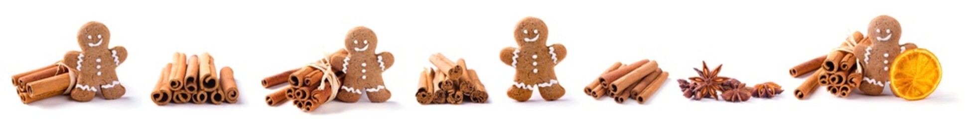 Christmas border with isolated food objects  -  Homemade gingerbread man, cinnamon sticks, orange...