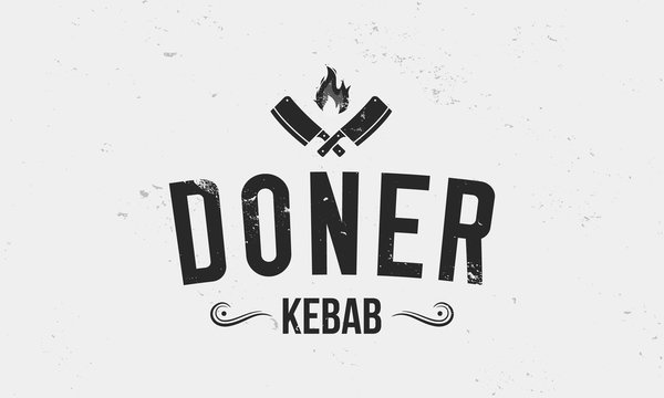 Doner kebab logo with meat cleavers isolated on white background. Vintage kebab logo with grunge texture. Vector illustration