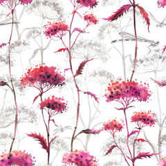 Fototapeta premium Seamless pattern of pink abstract umbrella plants and dragonflies on a white background, watercolor illustration.