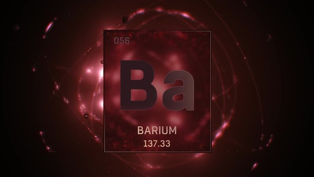 Barium as Element 56 of the Periodic Table. Seamlessly looping 3D animation on red illuminated atom design background with orbiting electrons. Design shows name, atomic weight and element number