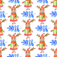 Watercolor seamless pattern with Christmas deer and blue leaves isolated on white background. Hand painted illustration. 