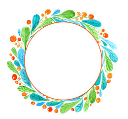 Watercolor green and blue wreath with red berries isolated on white background. Hand painted illustration.