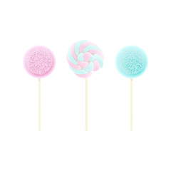 Three Lollipops pink, blue, Rainbow swirl set isolated on white. icing and sprinkles, Vector illustration.