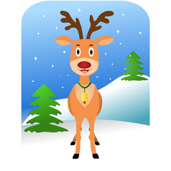 Reindeer. Winter vector illustration. Deer on a winter background with snow, snowdrifts, Christmas trees. Beautiful deer decorated with Christmas bell.
