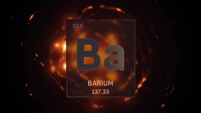 Barium as Element 56 of the Periodic Table. Seamlessly looping 3D animation on orange illuminated atom design background with orbiting electrons. Design shows name, atomic weight and element number