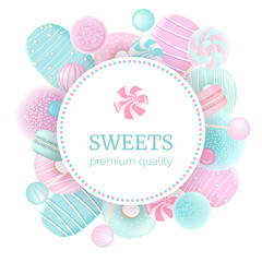 Confectionery set. Round label badge sweets. Macaroon, marshmallow, donuts, ice cream, lollipop